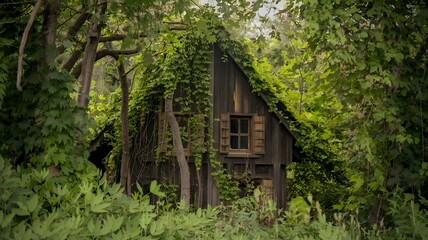 A photo of a rustic wooden cabin deep in the woods, entirely enveloped in dense green foliage and creeping vines. 