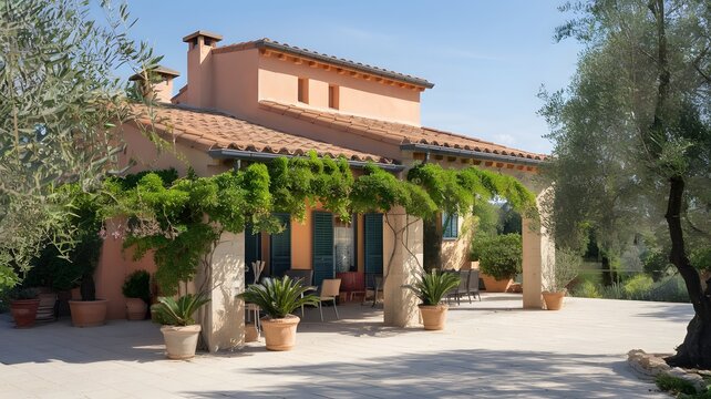 A photo of a Mediterranean-style villa with terracotta roof tiles and stone walls.