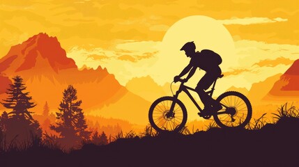 Obraz premium Bike Riding Silhouette. Man Bicyclist Athlete Cycling in Summer Mountain