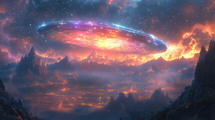Vibrant cosmic landscape featuring a luminous hovering disk over a fiery mountain range at sunset. Generative AI