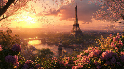 Breathtaking Sunset Over Paris Featuring the Eiffel Tower Surrounded by Blooming Cherry Blossoms and a Scenic View of the Seine River in Springtime