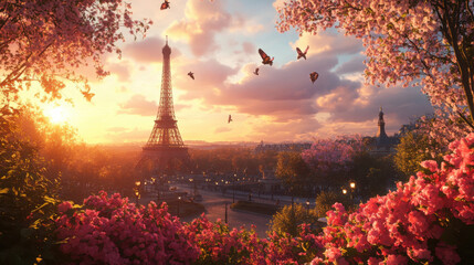 Breathtaking Sunset Over Eiffel Tower Surrounded by Blossoming Flowers and Graceful Butterflies in a Romantic Parisian Scene