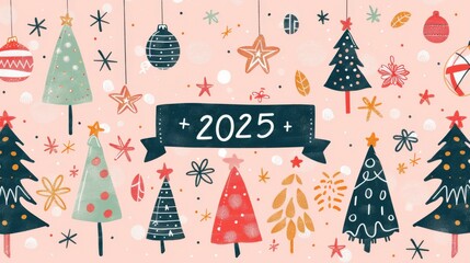 Fototapeta premium 2025 festive scene with retro theme and Christmas elements