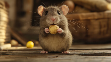 Adorable Close-Up of a Cute Brown Hairy Mouse Holding a Cookie in Its Tiny Paws against a Rustic Wooden Background with Soft Natural Lighting