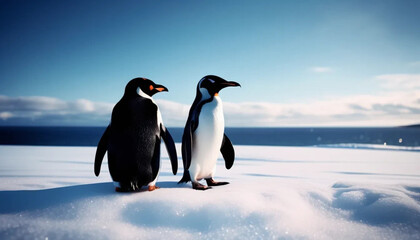 Obraz premium Two penguins on the snow. Close up. 