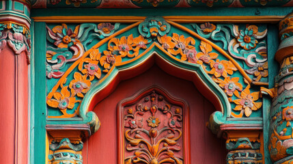 Fototapeta premium Ornate Wooden Carvings of Traditional Architecture Showcasing Vibrant Colors and Intricate Patterns in an Artistic Facade