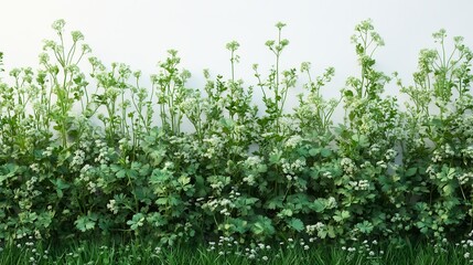 Obraz premium Stunning Green Plant Wall with Delicate White Flowers - A Breathtaking Botanical Display