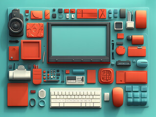 Flat lay of various office supplies and tech gadgets on a teal background.