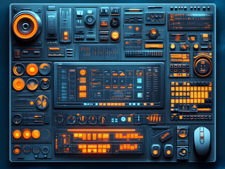 Futuristic control panel with glowing orange buttons and digital display.