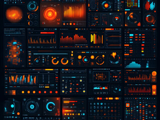 Futuristic digital interface with data graphs and charts.