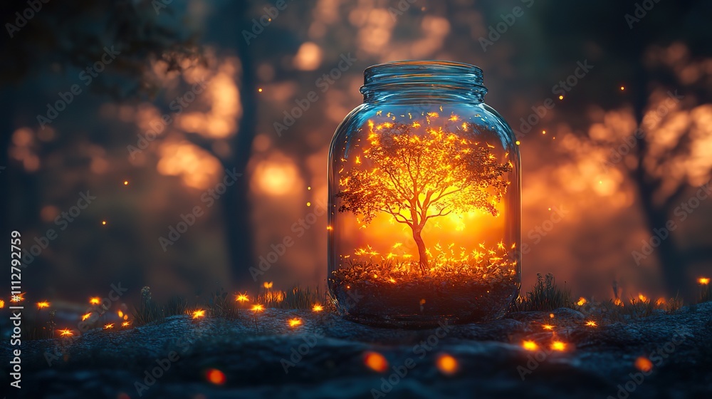 Poster fireflies and forest in a jar black backgroun