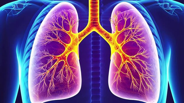 Lungs anatomy in blue background. Human respiratory system, bronchi structure. Pulmonary science. Biology concept, chest organ diagram. Healthcare technology, breathing.