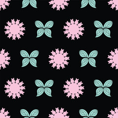 seamless repeat pattern with simple pink floral and teal green butterfly motifs on a black background perfect for fabric, scrap booking, wallpaper, gift wrap projects