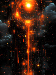 Fototapeta premium Glowing orange energy beam descends through dark clouds, futuristic digital circuit board backdrop.