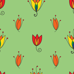 seamless repeat pattern with colorful floral motifs on a light green background perfect for fabric, scrap booking, wallpaper, gift wrap projects