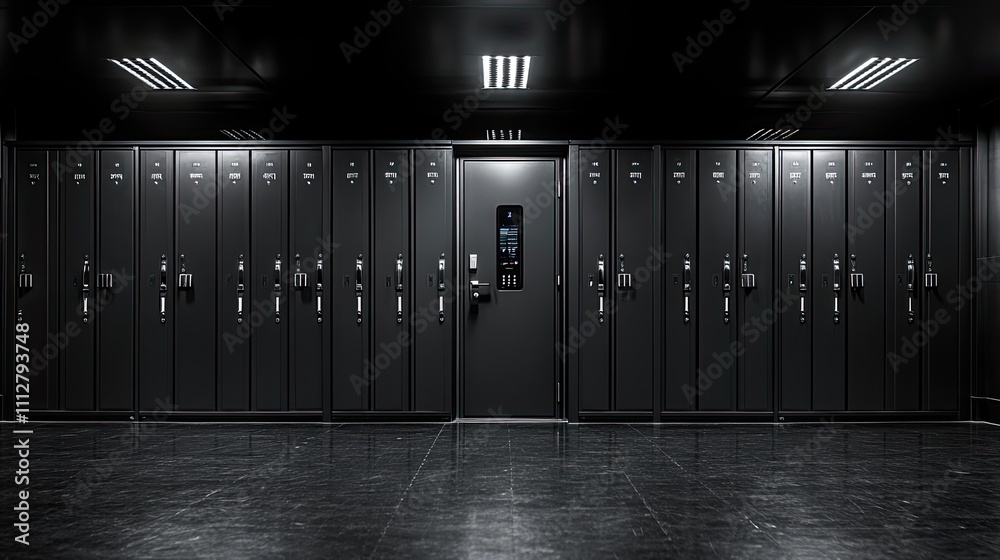 Poster front face of modern monochromatic gym locker door with a digital lock panel close flat front view a