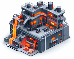 Isometric illustration of a metal smelting factory with glowing molten metal flowing through the building.