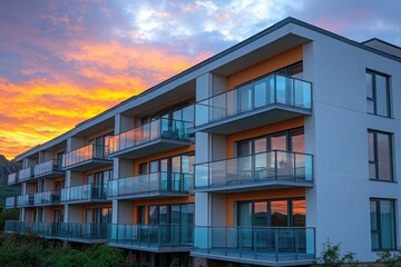 Modern Apartment Building Against Vibrant Sunset Sky