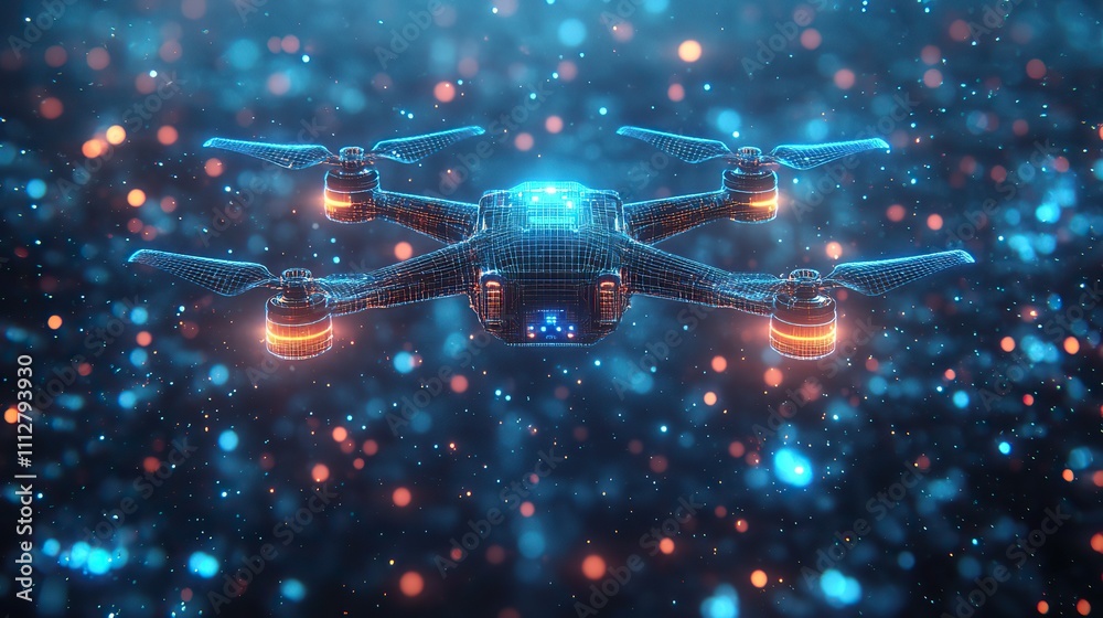 Poster futuristic drone technology abstract digital wireframe of drones flying with a blue neon glow digita