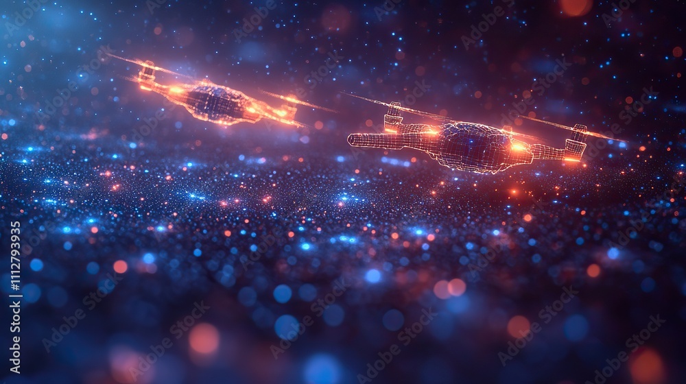 Aufkleber futuristic drone technology abstract digital wireframe of drones flying with a blue neon glow digita