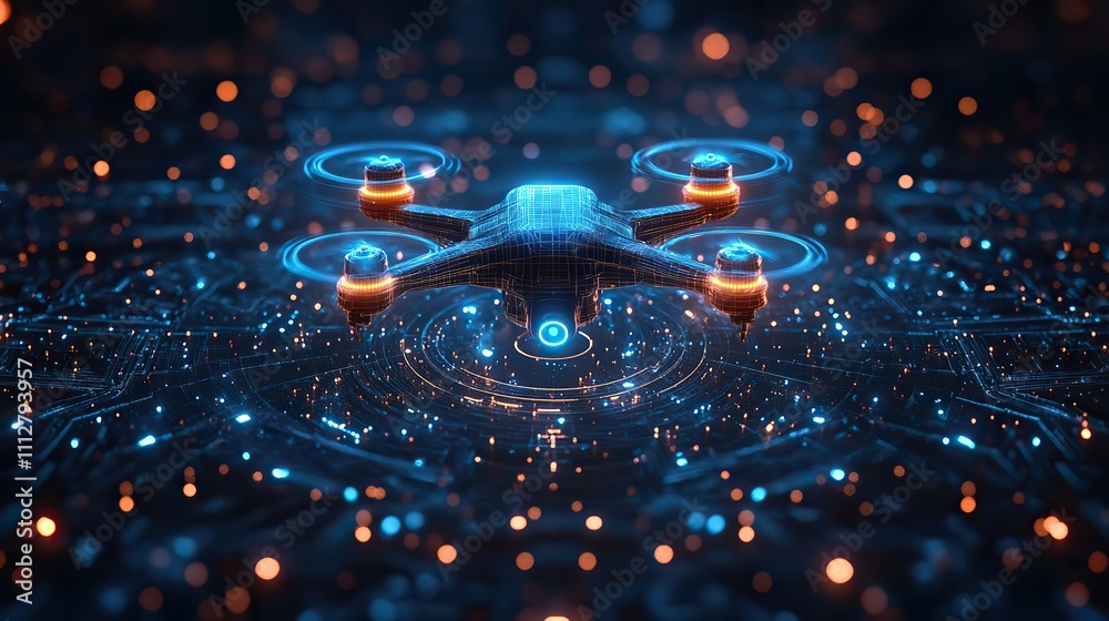 Aufkleber futuristic drone technology abstract digital wireframe of drones flying with a blue neon glow digita