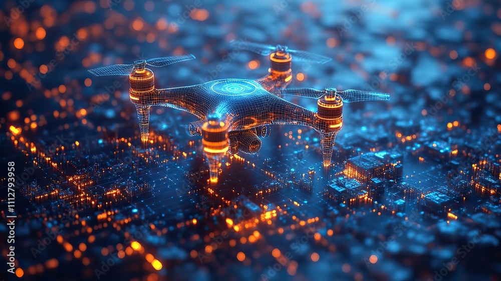 Poster futuristic drone technology abstract digital wireframe of drones flying with a blue neon glow digita