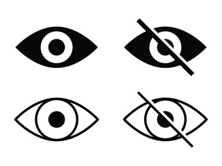 See and unsee eye icon. Eyesight symbol. Retina scan eye signs. Privacy and block flat or line vector collection.