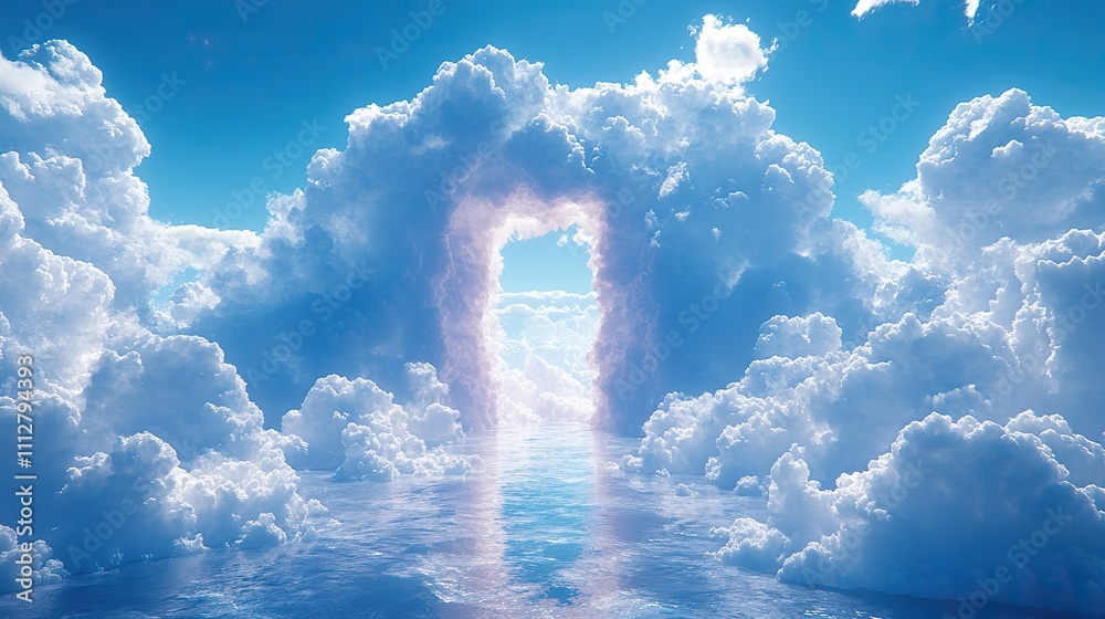 Poster gates of heaven 3d render of an entrance doorway to the sky with clouds