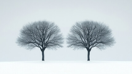 A pair of bare trees in a snowy field, their branches creating elegant, minimalist shapes against a soft gray sky