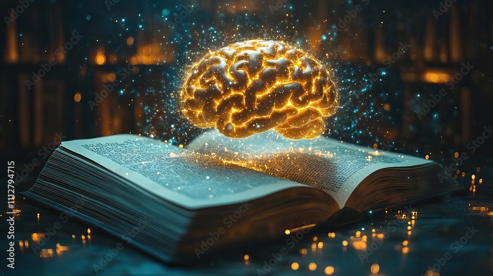 Leinwandbilder glowing virtual brain floats above an open book with leaning icons on dark background which is a symbol of study a knowledge will help solve problem and solution concep
