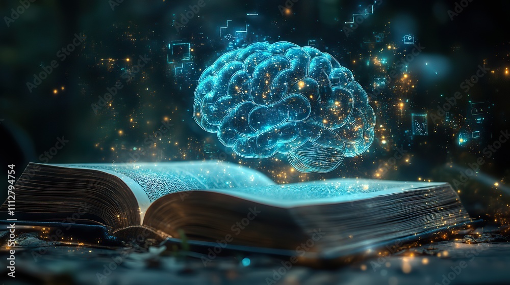 Poster glowing virtual brain floats above an open book with leaning icons on dark background which is a symbol of study a knowledge will help solve problem and solution concep