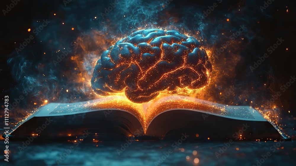 Aufkleber glowing virtual brain floats above an open book with leaning icons on dark background which is a symbol of study a knowledge will help solve problem and solution concep