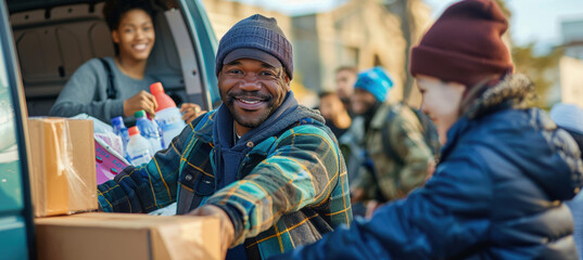 Teamwork and Compassion: Volunteers Unloading Supplies at Homeless Encampment for Community Care