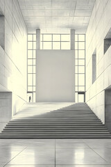 Modern building interior with large staircase and blank wall.