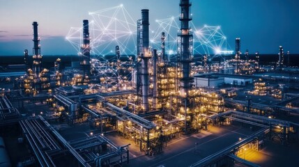 Fototapeta premium Illuminated Industrial Complex: A Nighttime Panorama of Modern Refinery with Advanced Network Connectivity