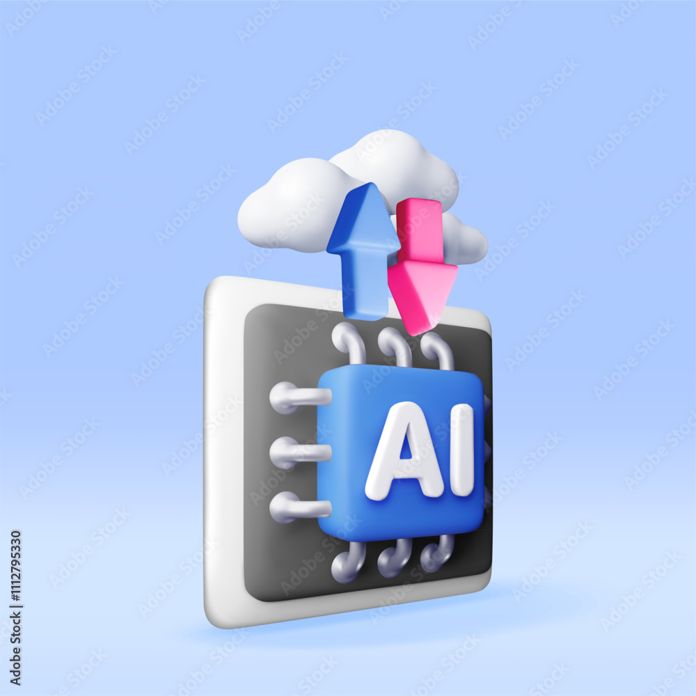 Poster 3d ai chip with arrows in clouds. render artificial intelligence chipset icon. ai processor in busin