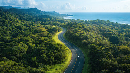 Fototapeta premium Serene Coastal Road Surrounded by Lush Greenery and Stunning Ocean Views, Perfect for Travel and Adventure Enthusiasts Seeking Natural Beauty