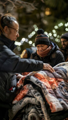 Fototapeta premium Volunteer Distributing Warm Clothing to Homeless People During Nighttime Outreach Event