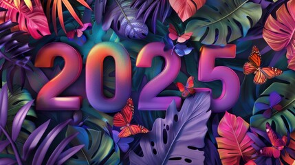 Lush JungleInspired 2025 Typography with Butterflies and Leaves