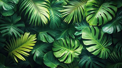 green leaves background green tropical monstera leaves palm leaves coconut leaf fern palm leaf banana leaf panoramic background nature concep