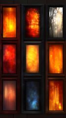Nine framed abstract nature scenes in warm and cool colors.