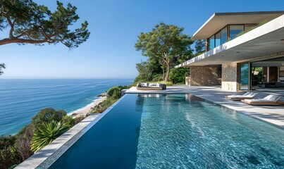 Fototapeta premium A stunning image of a grand Malibu mansion with an infinity pool that seems to merge seamlessly