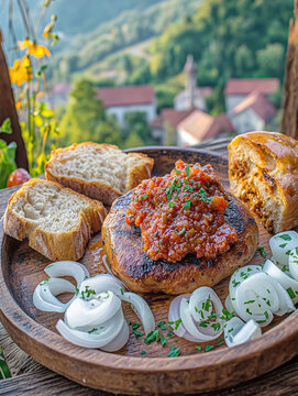 Delicious serbian burger pljeskavica with onions in scenic outdoor setting