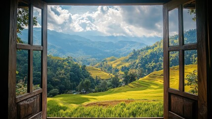 Breathtaking View from an Open Window: Serene Mountain Landscape