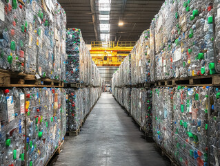 Storage facility showcasing compacted plastic waste ready for recycling in an industrial setting