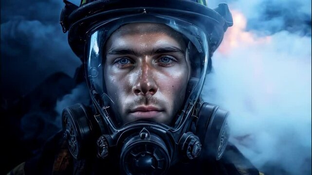 Fireman, military, combat, war, helmet, mask, goggles, uniform, protective gear, dangerous, intense, grim, focused, intense eyes, blue eyes, close-up, smoke, clouds, hazardous, strategic, tension, hig