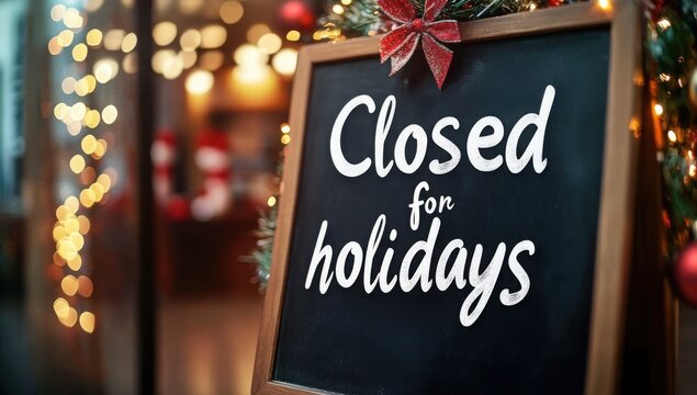 Chalkboard sign 'closed for holidays' with christmas ornaments and lights symbolizes office shutdown for christmas.