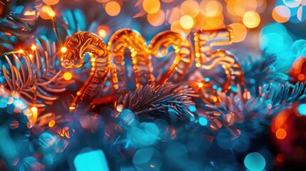 Obraz premium 2025 ornate glowing digits surrounded by colorful bokeh background