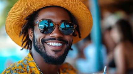 happy african american man in sunglasses drinking cocktail on the beach summer vibes