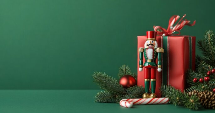 A charming Christmas scene featuring a nutcracker and a wrapped gift box with green ribbon against a green background. Perfect holiday decoration theme with baubles and fir branches